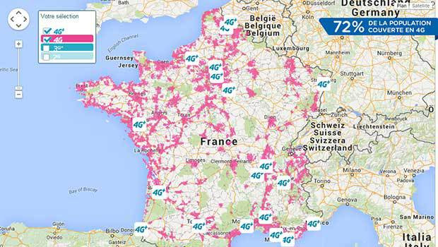 La carte du déploiement 3G, 4G et 4G+ de Bouygues Telecom