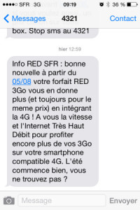 sms informant les abonnés red de la 4g