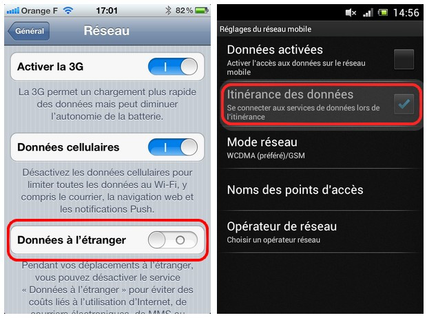 Données à l'étranger sur iPhone et Android