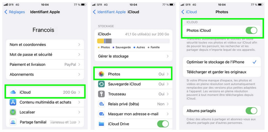 Configuration de la sauvegarde automatique sur iCloud des photos  prises depuis un iPhone