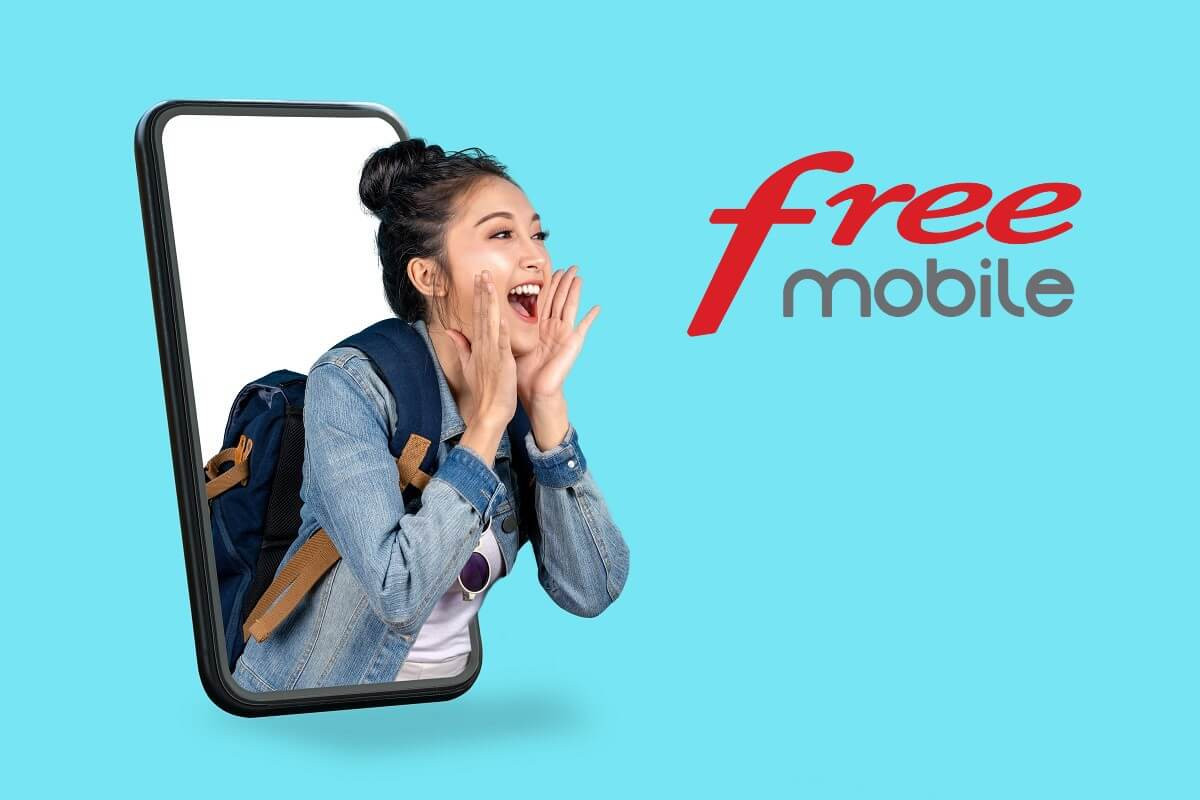Fille sort du smartphone en criant pour prévenir que Free offre la 5G illimitée à mois de 10€ avec la Freebox Pop