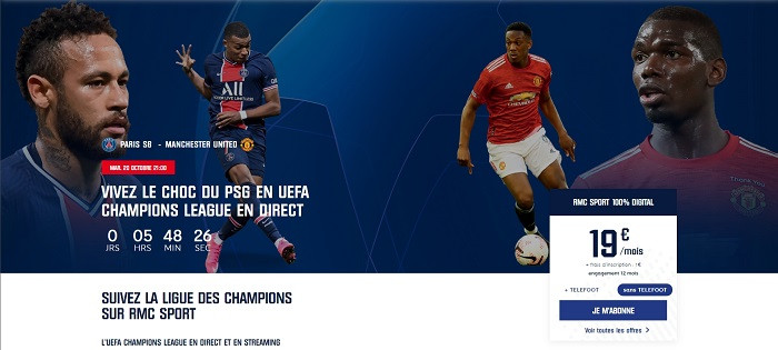 L'abonnement à RMC sport est à 19€/mois pendant six mois, indispensable pour regarder le match PSG-Manchester United 