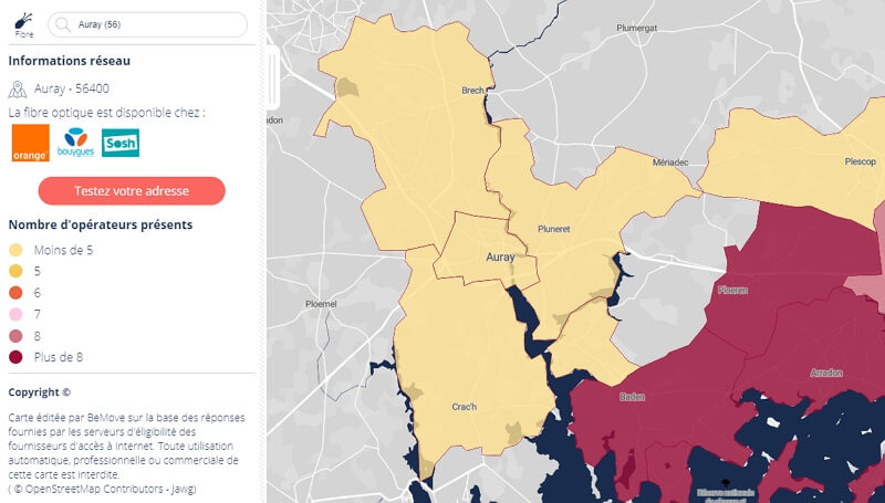 Carte de la fibre optique à Auray