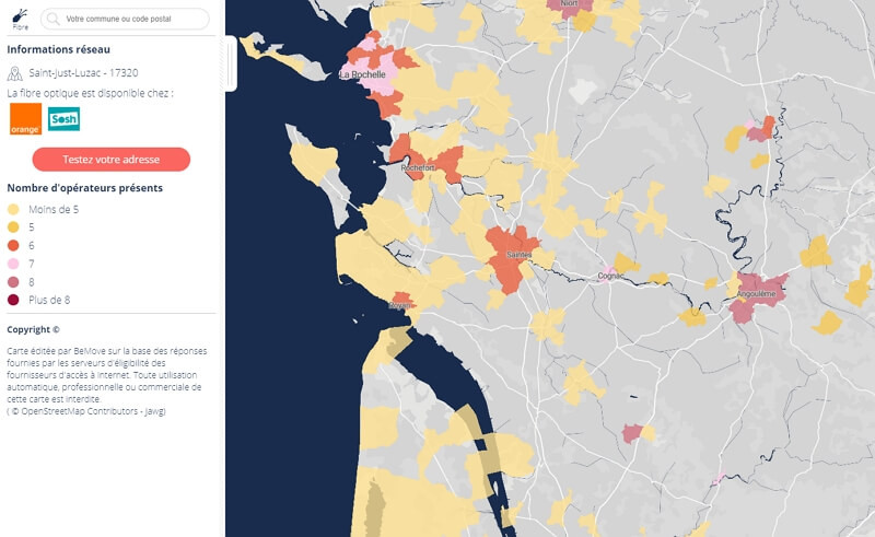 Carte de couverture fibre en Charente-Maritime