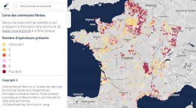 Carte de France des communes éligibles à la fibre en juin 2020