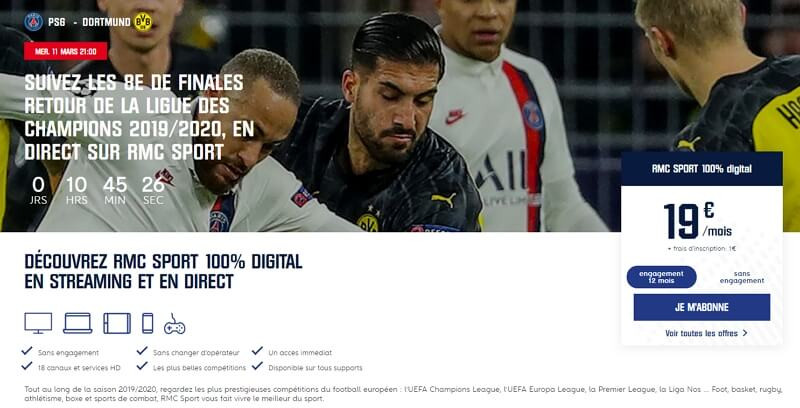 Image d'un match du Paris-Saint-Germain et visuel de souscription à RMC Sport