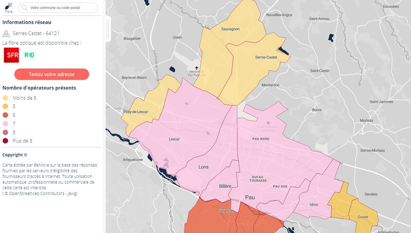 Carte de la couverture fibre dans les Pyrénées-Atlantiques