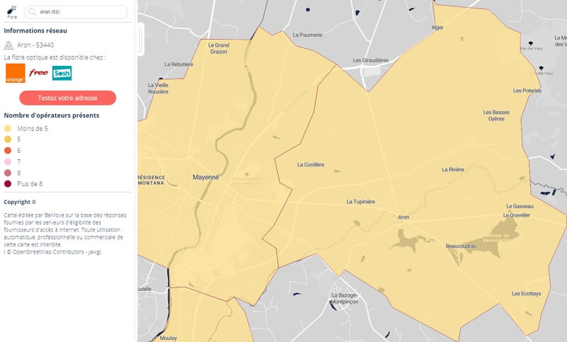 Carte de la fibre en Mayenne : les offres fibre Free disponibles à Aron