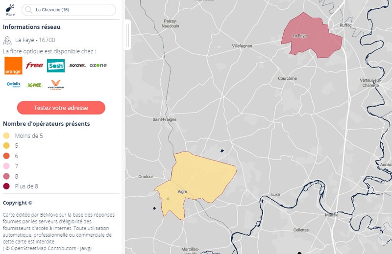 Carte des communes de Charente éligibles à la fibre optique