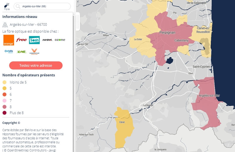 Carte de la fibre optique dans les Pyrénées Orientales