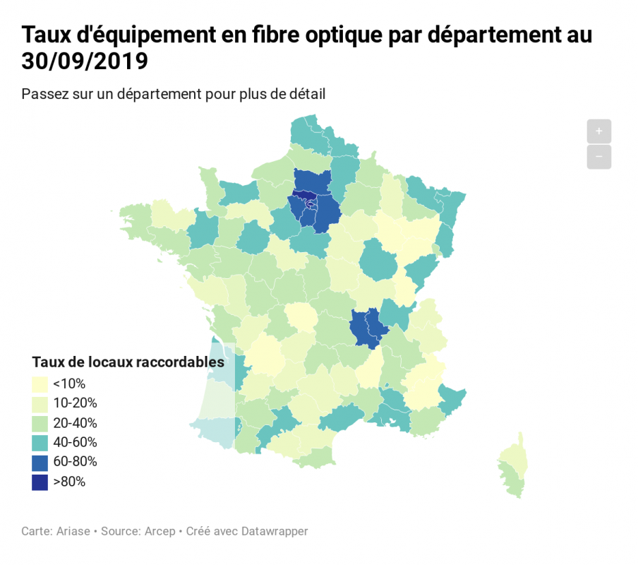 carte de la fibre optique en France au 30 septembre 2019