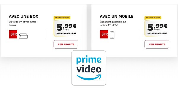 Amazon Prime Videi est au tarif de 5,99€/mois avec les offres Internet de SFR