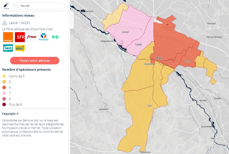 Eligibilité à la fibre optique à Pau en 2019