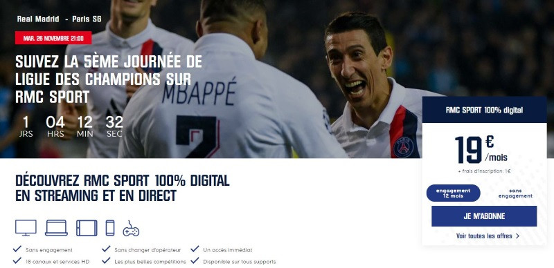 L'abonnement RMC Sport 100% Digital pour regarder Real - PSG en streaming le mardi 26 novembre 2019