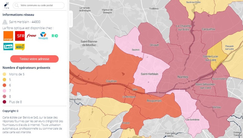 Carte de la fibre à Nantes en octobre 2019