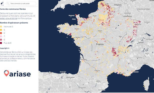 Carte de France des villes raccordées en fibre optique