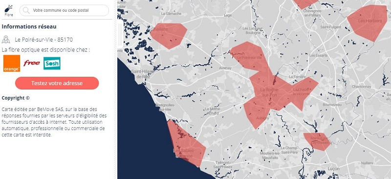 Carte déploiement fibre Vendée : éligibilité Freebox