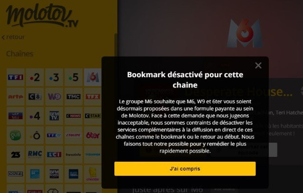 M6 : enregistrement impossible sur Molotov, bookmarks désactivés