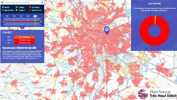 La carte de couverture fibre sur le Grand Lyon