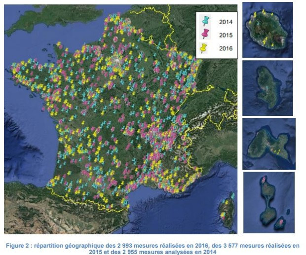 Exposition aux ondes : répartition des mesures collectées par l'ANFR en 2016