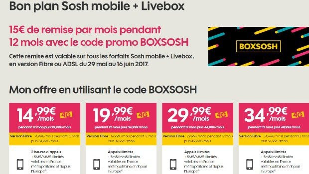Sosh mobile + Livebox, -15€/mois avec le code BOXSOSH