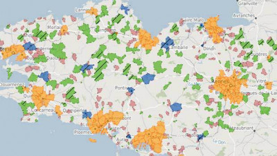 La carte des zones gérée par Mégalis Bretagne en bleue