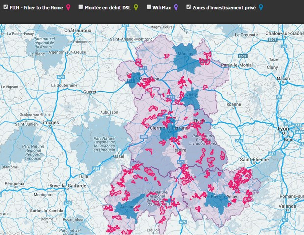 carte du déploiement FTTH en Auvergne