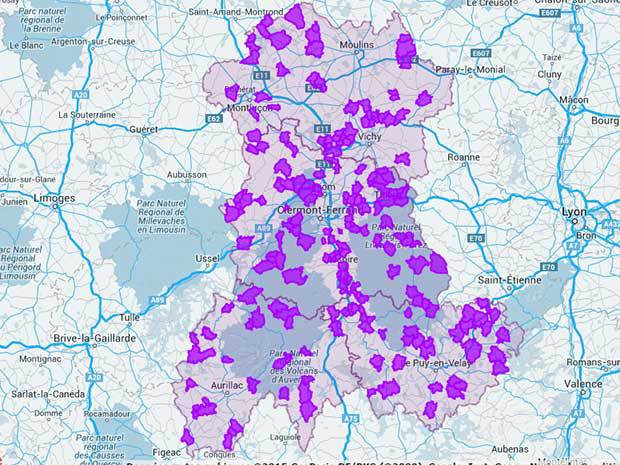 La carte Auvergne Très Haut Débit de la couverture en FTTO de la région