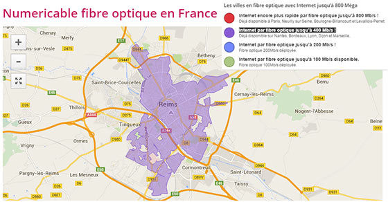 Les zones éligibles fibre 400 Mbit/s SFR à Reims