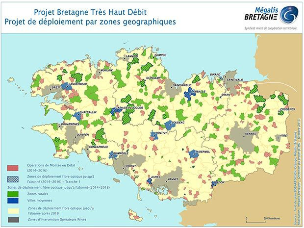 Projet Bretagne Très Haut Débit : déploiement par zones géographiques