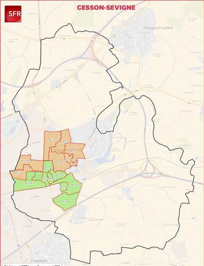 carte de couverture fibre optique SFR de Cesson Sévigné