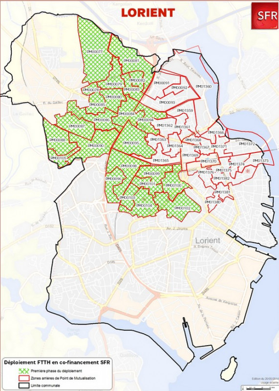 Carte de déploiement de la fibre optique de SFR à Lorient