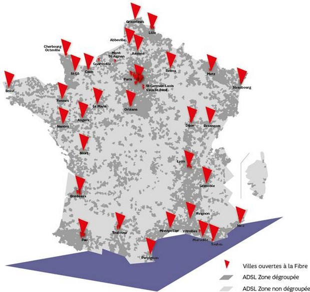 Carte de déploiement de la fibre optique SFR en mars 2014