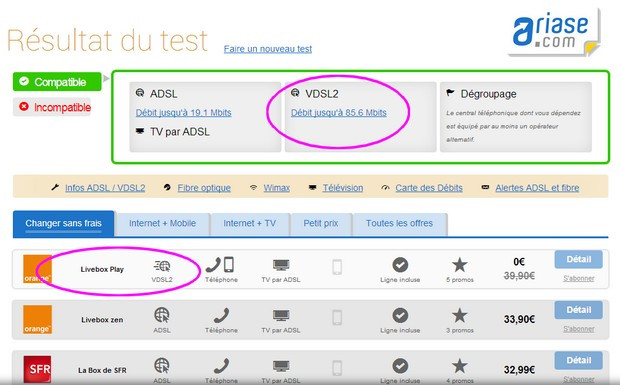Le VDSL2 d'Orange arrive sur le test d'éligibilité Ariase