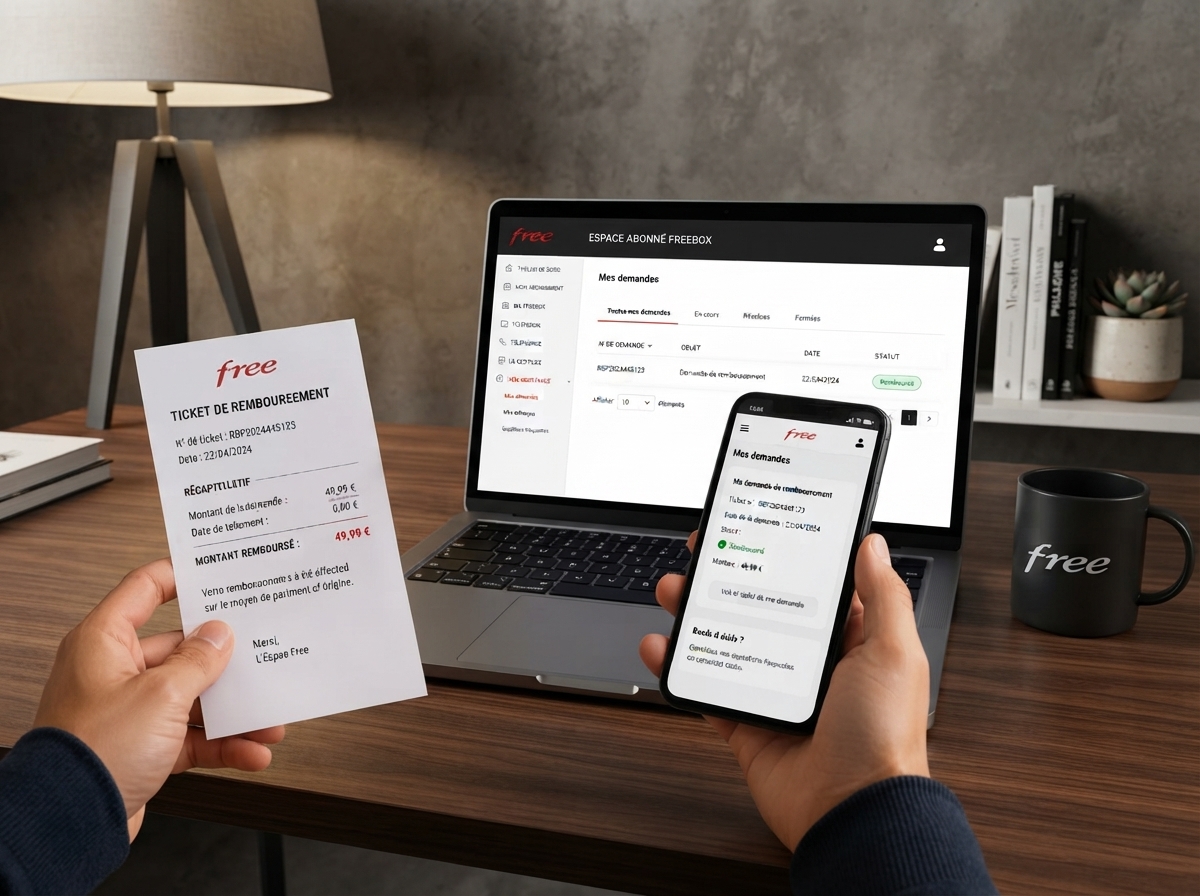 Mains tenant un ticket de remboursement Free devant un ordinateur et un smartphone affichant l'espace abonné.