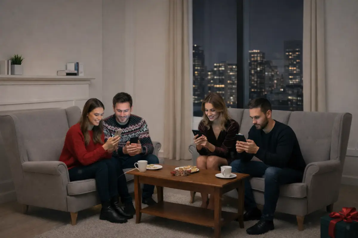 Famille réunie dans le salon avec smartphones, ambiance Noël, ravies des forfaits en promo même après Noël