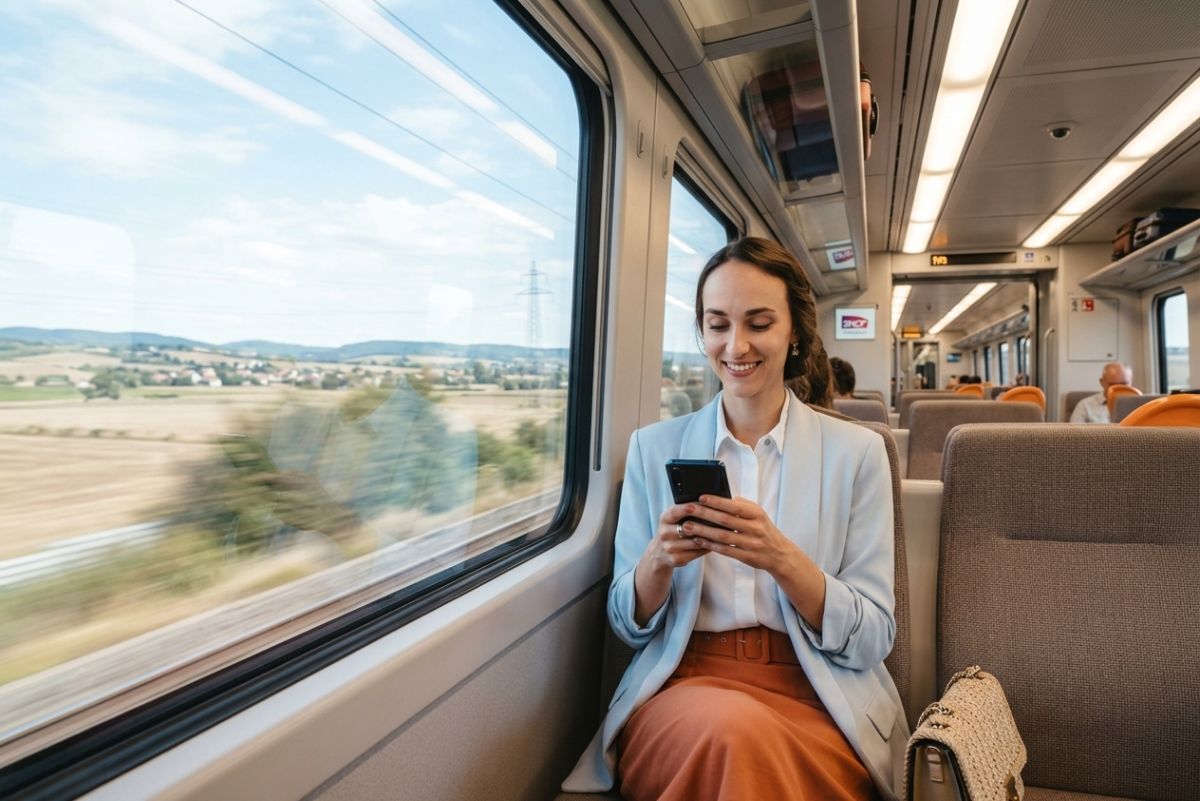 Une femme se connecte sur le réseau mobile de son opérateur depuis un TGV