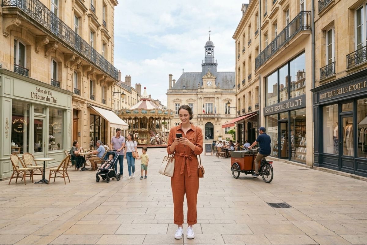 Une femme navigue sur son smartphone dans la rue d'un centre-ville