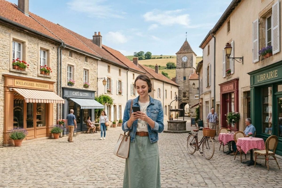 Une femme vérifie son téléphone dans un village