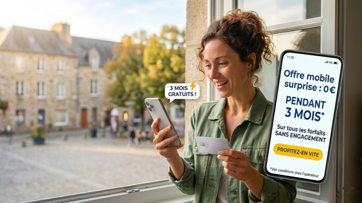 Femme à la fenêtre sourit en regardant son smartphone, avec affiche "forfait mobile 3 mois gratuits"