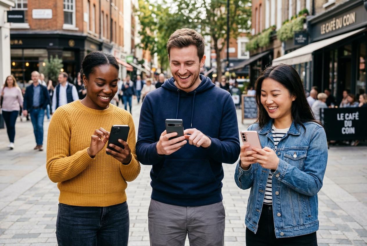 Trois personnes tenant chacune un smartphone dans la main.