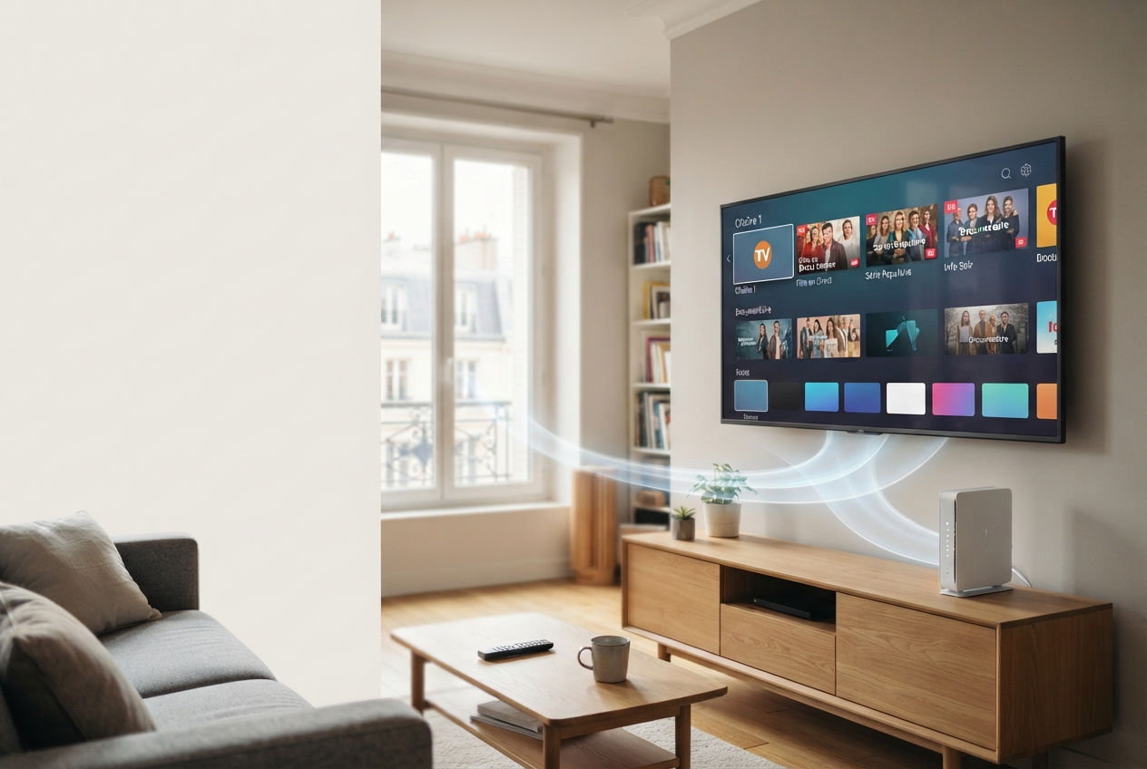 Téléviseur affichant une interface TV connectée sans décodeur, avec une box internet fibre à proximité.