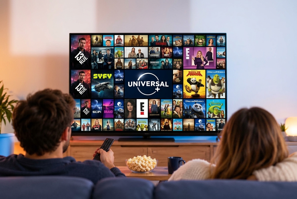 Deux personnes regardent une télévision affichant une mosaïque de programmes Universal+.