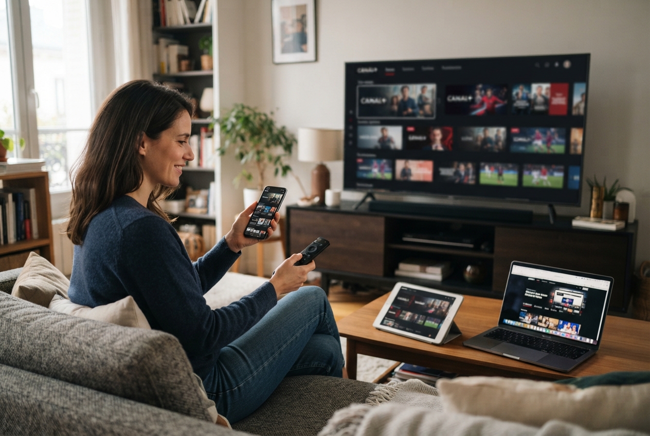 Personne utilisant un smartphone et une télécommande devant un téléviseur, une tablette et un ordinateur dans un salon.