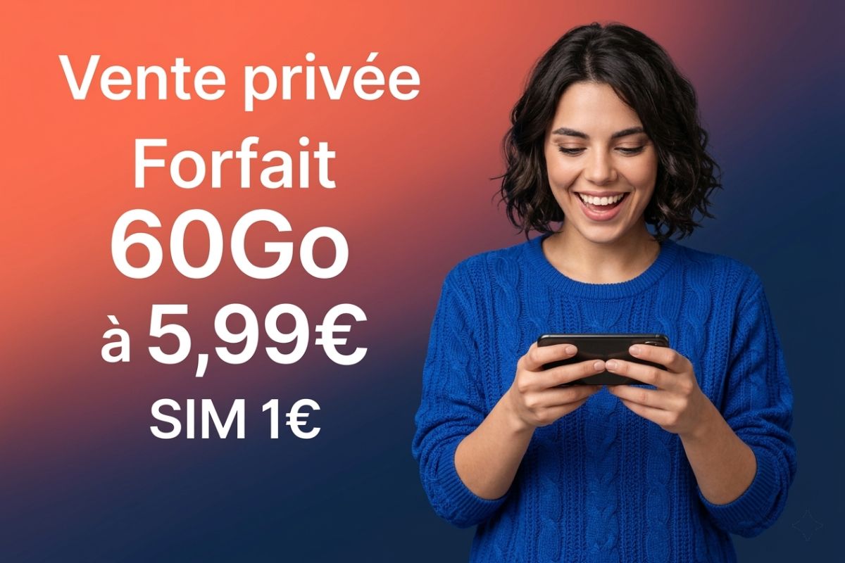 Femme avec smartphone sourit, car texte annonce vente privée forfait mobile 60 Go à moins de 6€ et SIM 1€, chez NRJ Mobile