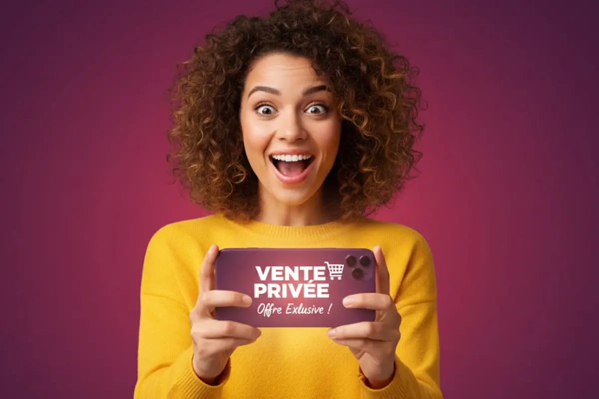 Femme en pull jaune tient son smartphone en souriant, ravie devant l'écran qui indique la vente privée Auchan Télécom et Ariase