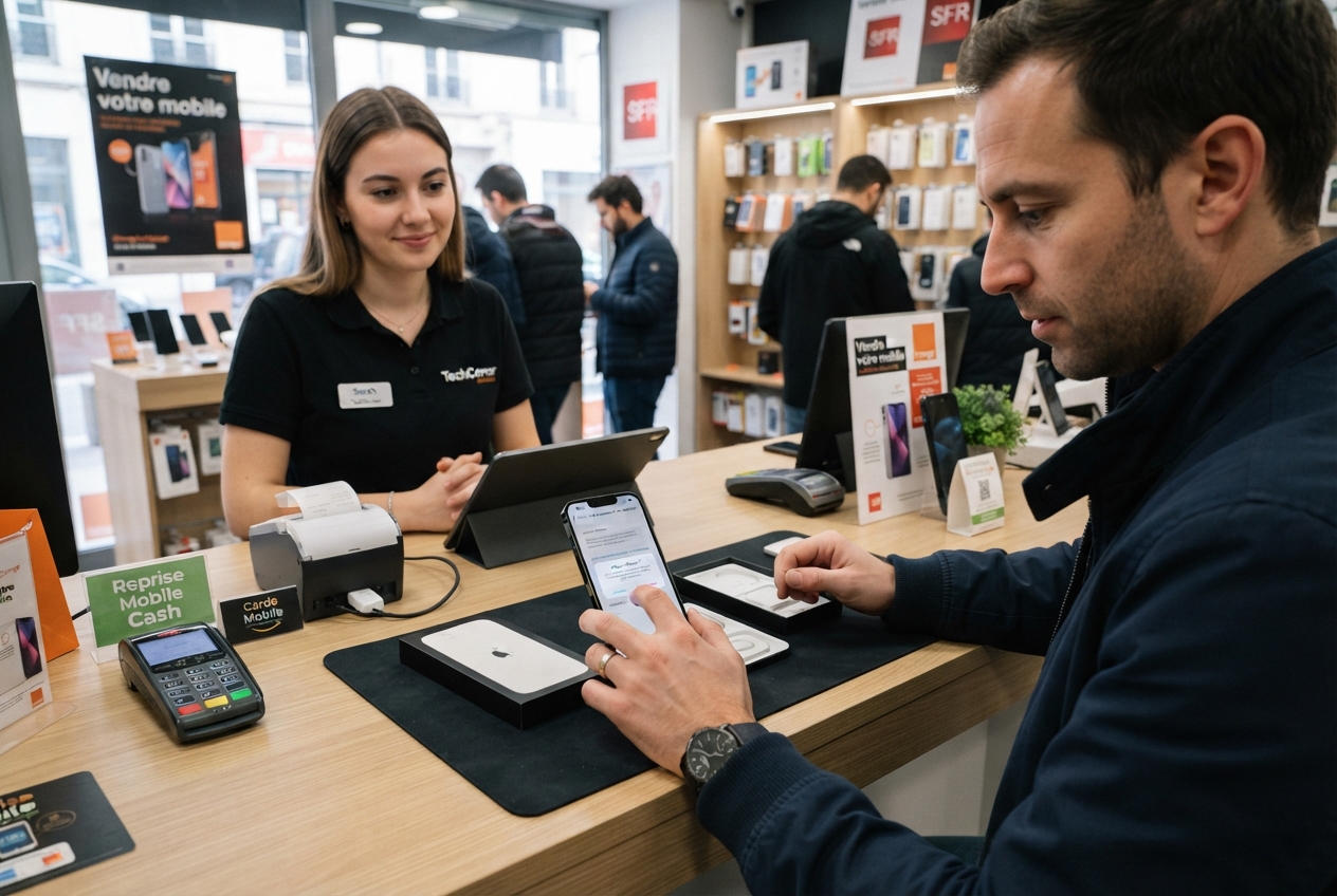Une personne efface les données de son smartphone avant de le vendre dans une boutique.